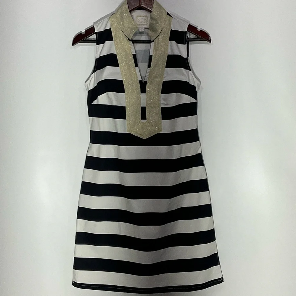 STS Sail to Sable navy & white striped dress gold collar & neckline, side zip XS - Picture 2 of 16